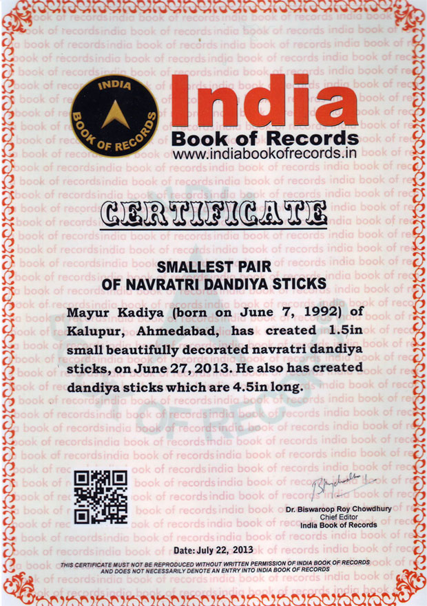 India Book Of Records Dandiya Stick Certificate